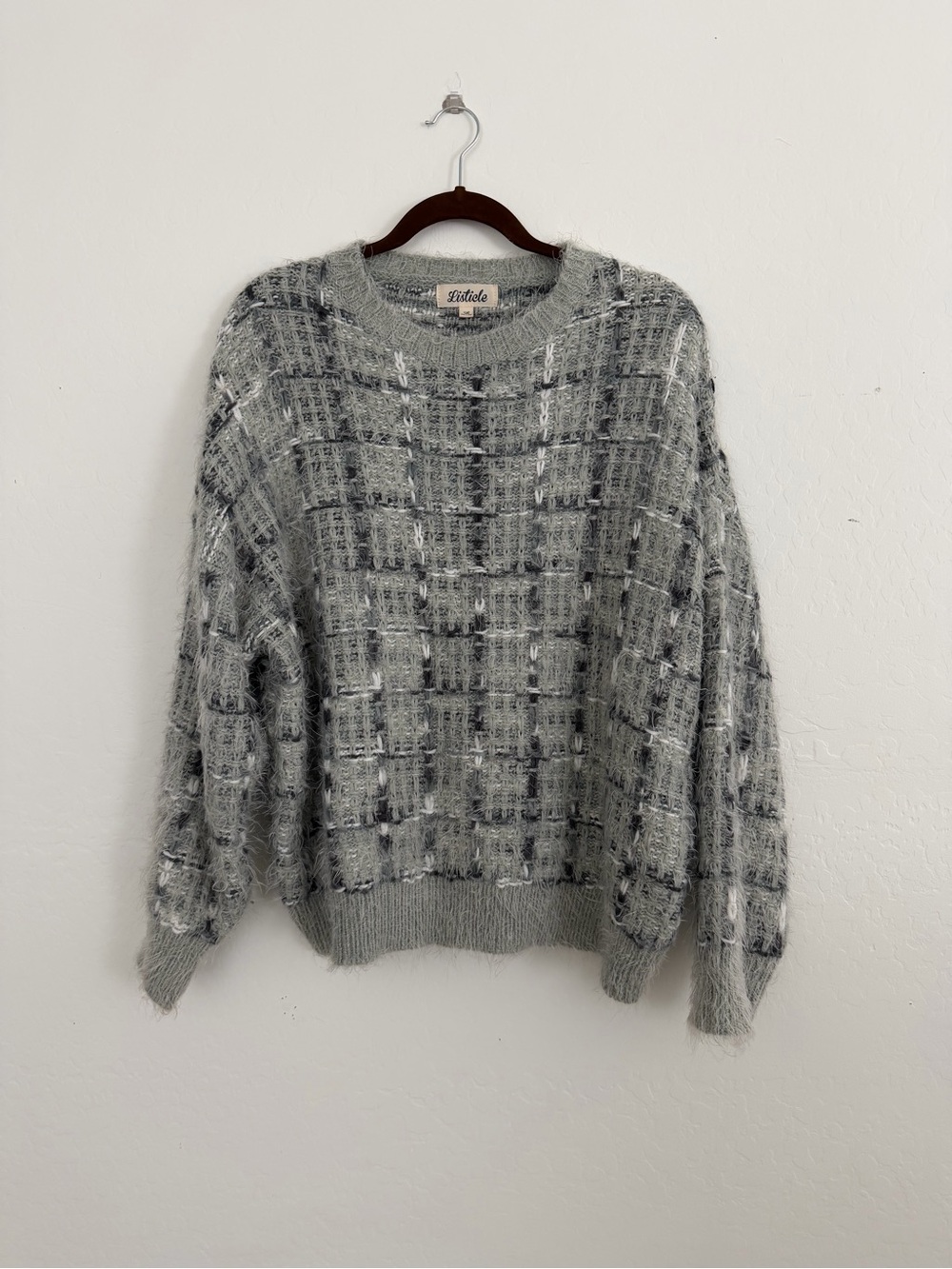 Listicle Gray Plaid Textured Crewneck Sweater